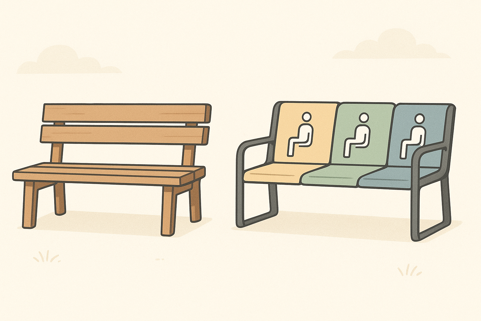2つの公園のベンチを比較したイラスト。�左は水平の木製スラットで作られたシンプルなベンチ。右は同じ形だが、アームレストで3つの座席に区切られ、それぞれに着席を示すピクトグラムと淡い色分けがされている。柔らかな自然光と落ち着いた色調で描かれている。