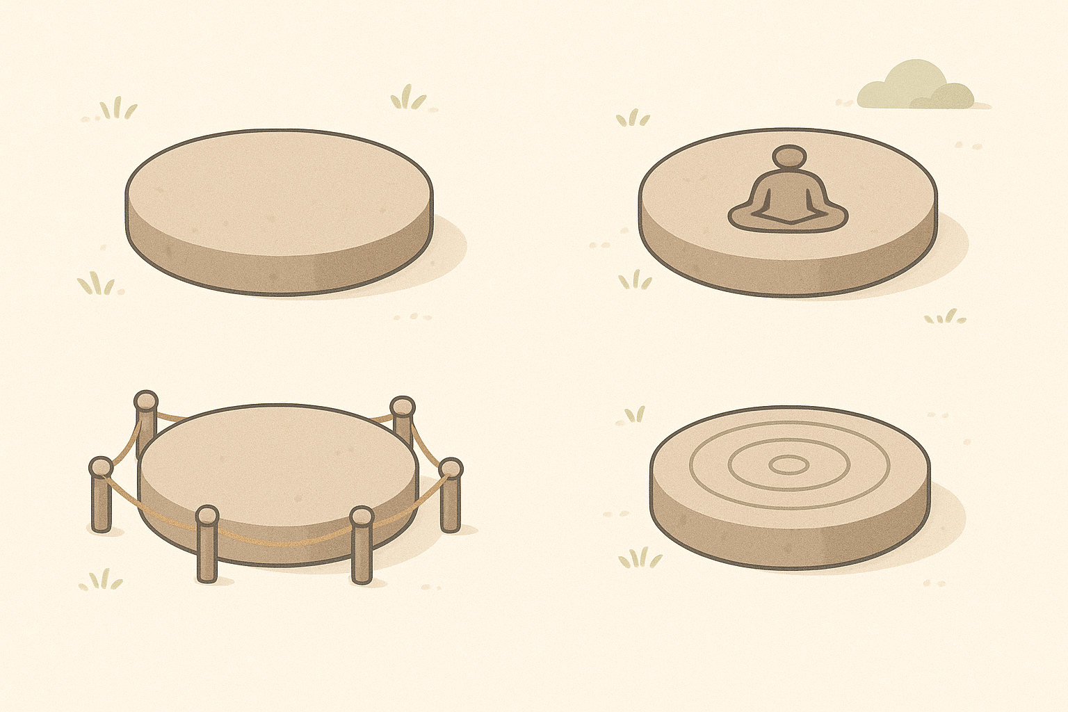 公園にある大きな円形の石を比較する教育的な図。上段左は無地の石、上段右は瞑想する人のシルエットが刻まれた石、下段左はロープで囲まれた石、下段右は同心円模様が彫られた石。柔らかい自然色で描かれ、上からの視点で配置されている。